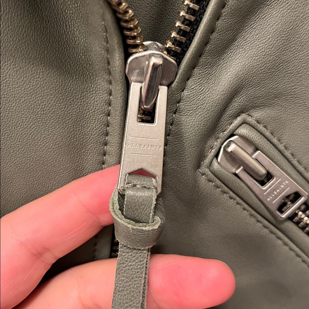 ALL SAINTS Darnley Slim Fit Biker olive/Sage green 100% Lamb Leather Jacket- 6 - Picture 14 of 16